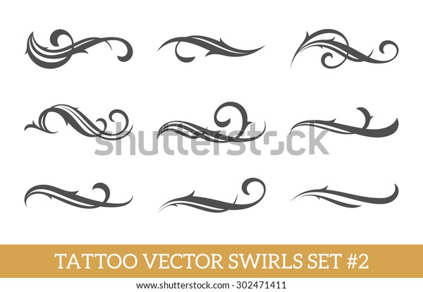 Set of nine vector
tattoo style swirls for cool art or text decoration. Calligraphic
flourishes collection. 