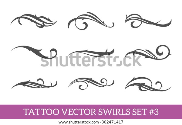 Set of nine vector
tattoo style swirls for cool art or text decoration. Calligraphic
flourishes collection. 