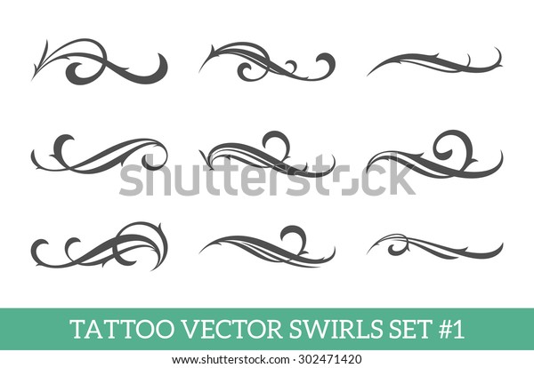 Set of nine vector\
tattoo style swirls for cool art or text decoration. Calligraphic\
flourishes collection. 