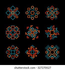 Set of Nine Vector Teal Orange Line Art Geometric Pattern  Elements On Black Background