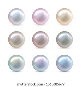 Set of nine vector tender realistic pearls of different color with shadow isolated on the white background. 3d illustration.