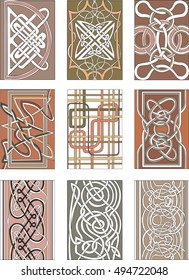 Set of nine vertical knot decorative patterns in miscellaneous artistic styles for illustrative purposes