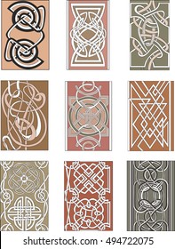 Set of nine vertical knot ornamental patterns in miscellaneous artistic styles for decorative purposes