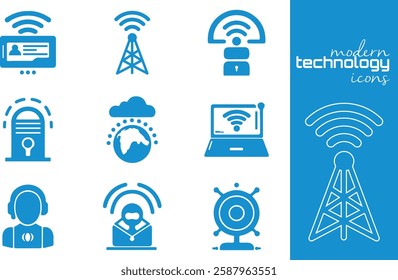 set of nine vibrant blue icons depicts various aspects of modern wireless technology