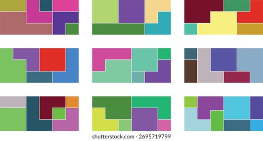 Un conjunto de nueve diseños abstractos vibrantes y modernos con Formas geométricas dispuestas en composiciones lúdicas, perfectas para añadir un toque creativo a cualquier proyecto.