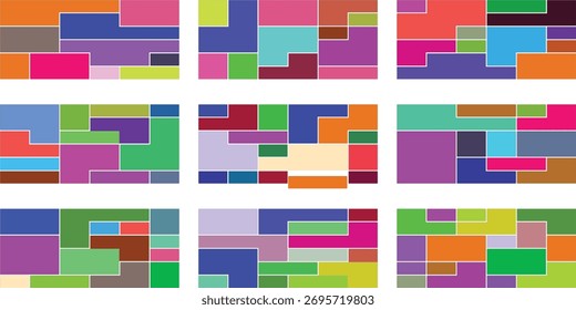 A set of nine vibrant and modern abstract designs featuring geometric shapes arranged in playful compositions, perfect for adding a creative touch to any project.