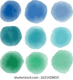 Set of Nine Vibrant Watercolor Vector Gradient Circles in Blue and Green Shades. Colorful artistic watercolor styled circles arranged in a three-by-three grid, featuring gradients of blue and green 