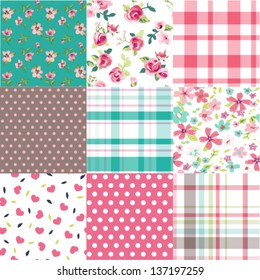 set of nine vintage flower with check ,cute heart vector pattern background