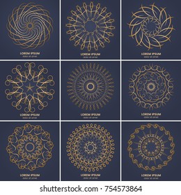 Set of nine vintage geometric circular elements. Vector gold monogram on dark blue background. Vector illustration