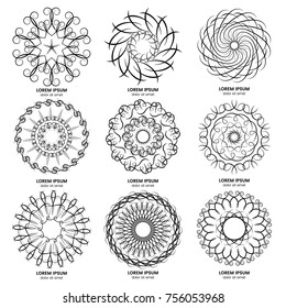 Set of nine vintage geometric circular elements. Vector black monogram on white background.