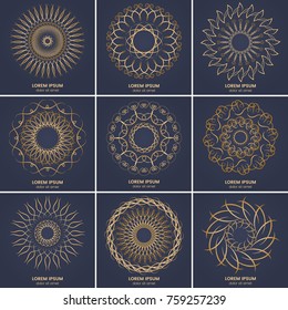 Set of nine vintage geometric circular elements. Vector gold monogram on dark blue background. Vector illustration