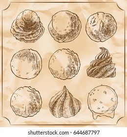 Set of nine vintage ice cream balls and cones. Vector hand drawn illustration. Old paper background