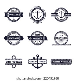 Set of nine vintage marine stamps isolated on white. Vector retro nautical anchor badges. Ocean graphic logo. Rope design borders. Travel emblem. Sailor symbol. Sea cruise illustration. 