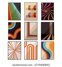 Set of nine vintage posters featuring diverse abstract aesthetic patterns, including stripes, waves, sunbursts, and geometric shapes, representing decorative graphic design from the 1970s era
