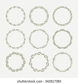 Set of nine vintage round frames. Vector illustration.