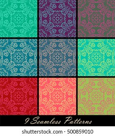 Set of nine vintage seamless patterns with mandalas in beautiful colors. Vector background