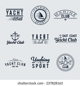 Set of nine vintage yacht club stamps isolated. Vector retro nautical anchor badges. Ocean graphic logo. Travel emblem. Sailor symbol. Sea cruise illustration. Marine sport banner