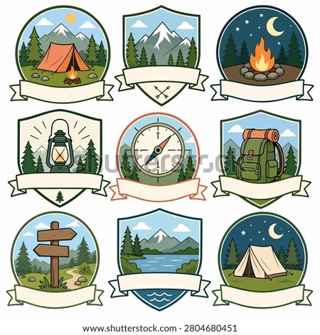 A set of nine vintage-style outdoor adventure camping badges featuring mountains, tents, campfires, compasses, and hiking gear with blank ribbons for custom text.