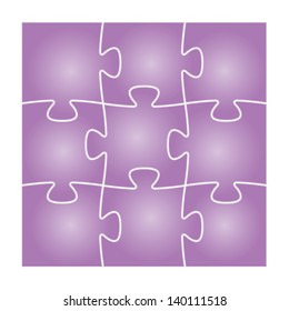 Set of nine violet isolated puzzle pieces in the square composition / puzzle background