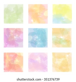 Set of nine watercolor backgrounds in squares. Vector illustration. Not traced. Pastel