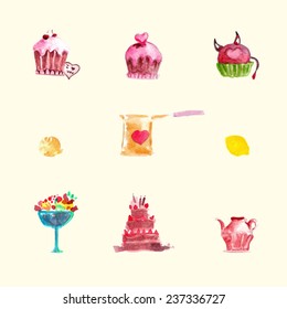 Set of nine watercolor elements for design, isolated from the background. Easy to use.