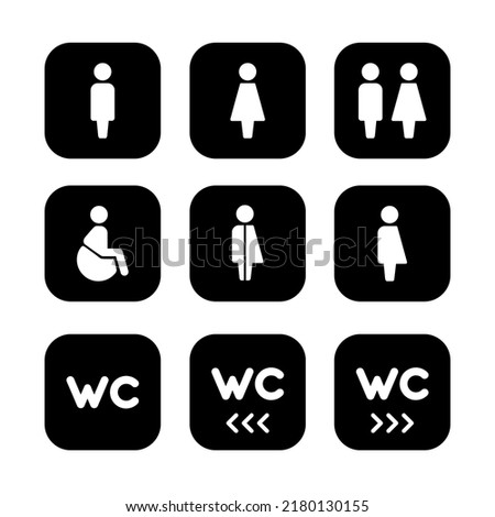 Set of nine way finding linear vector icons. Plates on the door, the scheme of movement. Icons for the airport, office, cafe. Men, women, disabled people, toilet, way finding, wc. Icons with people.