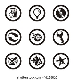 A set of nine web icons.