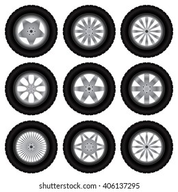 Set of nine wheels with tire tracks silhouettes