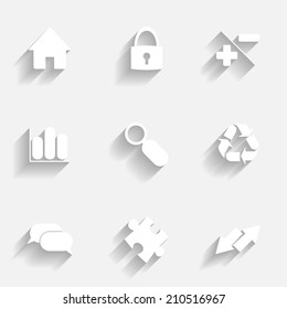 Set of nine white computer icons with shadows. eps10