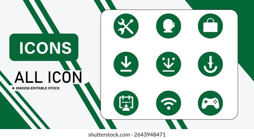A set of nine white icons on green circles, including wrench, download, wifi, and gamepad, set against a green and white background.