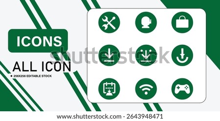A set of nine white icons on green circles, including wrench, download, wifi, and gamepad, set against a green and white background.