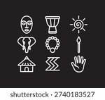 A set of nine white line art icons on a black background depicting traditional African cultural elements like masks drums elephants and huts.