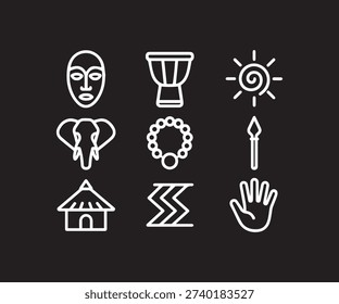 A set of nine white line art icons on a black background depicting traditional African cultural elements like masks drums elephants and huts.