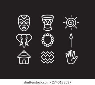 A set of nine white line art icons on a black background depicting various African cultural symbols like a mask drum elephant and hut.
