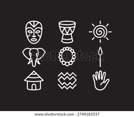 A set of nine white line art icons on a black background depicting various African cultural symbols like a mask drum elephant and hut.