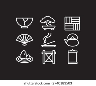 A set of nine white line icons on a black background representing traditional Japanese culture including bonsai kintsugi tatami zen gardens and tea.