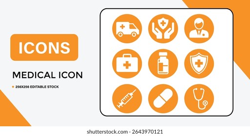 A set of nine white medical icons displayed within orange circles, representing various aspects of healthcare and medical services.