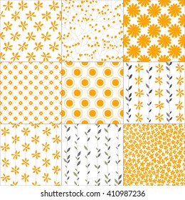 Set of nine white and orange seamless patterns