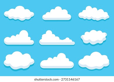 A set of nine white puffy cartoon clouds in various shapes on a solid blue background