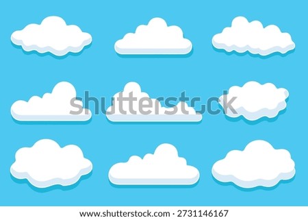 A set of nine white puffy cartoon clouds in various shapes on a solid blue background