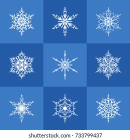 Set of nine white snowflakes isolated on blue background for Christmas and New Year design. Geometric circle shapes. Winter objects. Festive elements. Snowflake icons.