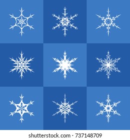 Set of nine white snowflakes isolated on blue background for Christmas and New Year design. Geometric circle shapes. Winter objects. Festive elements. Snowflake icons.