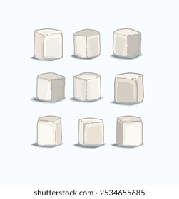 Set of nine white sugar cubes dice illustration on white background