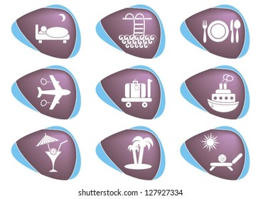 Set of nine white traveling and accommodation icons on stone-like background