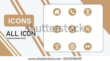 A set of nine white vector icons on brown circles, including home, phone, location, mail, upload, tools, award, globe, and arrows.