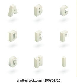 Set of nine white vector isometric letters with shadows. 