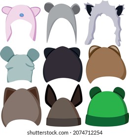 Un conjunto de nueve sombreros de invierno con orejas de colores diferentes. Ilustración vectorial.