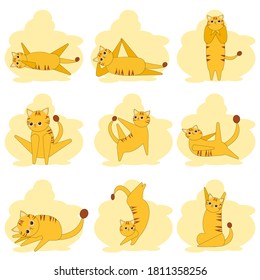 Set of nine Yellow cute puffy cats in exercise postures. Kitty cartoon in relaxing,standing,sitting,sleeping Vector isolate illustration for print, banner or poster on yellow background.Idea for kid