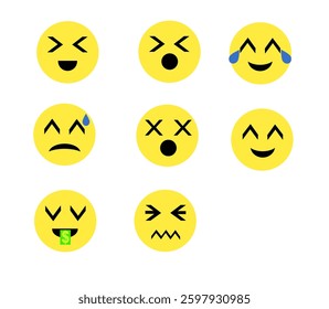 A set of nine yellow emoji faces with various expressions like happiness, sadness, surprise, and laughter. Suitable for stickers, social media, and digital designs.