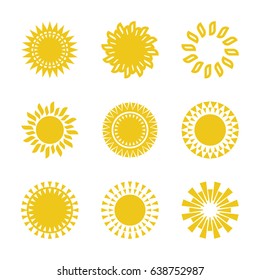 Set of nine yellow icons of the sun, isolated on white background